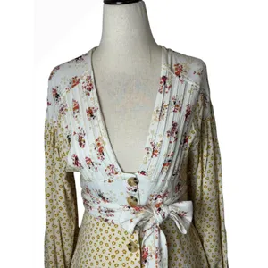 Free People‎ Wonderland Floral Mini Dress Women XS Yellow Boho Sash Cottagecore thumbnail 4