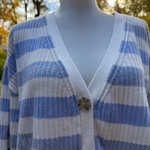 Talbots Sweater Cardigan - Raglan Sleeves Size L Large Baby Blue White Stripe thumbnail 2