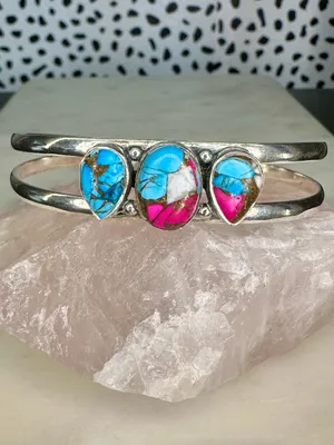 Cotton Candy Turquoise Sterling Silver Multi Stone 3 Stone Cuff Bracelet 925 thumbnail 3