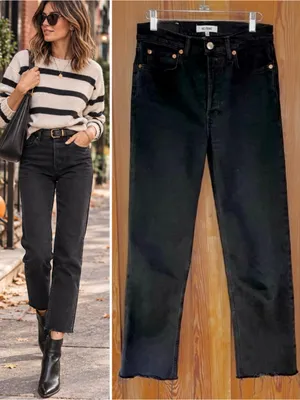 RE/DONE 70s High Rise Stove Pipe Washed Noir Black Raw Hem Jeans 26💛🎀 thumbnail 2
