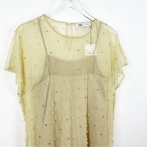 NWT ZARA Sheer Mesh Pearl Embellished Midi Dress Women's Size XS/S Tan‎ thumbnail 4