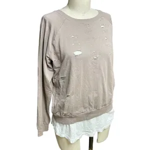 Monrow Distressed Double Layer Sweatshirt Fawn White Size‎ Medium Tan thumbnail 3