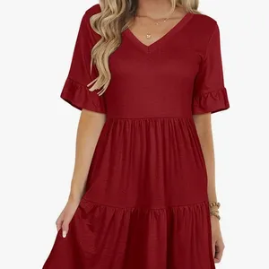 Amazon Women Short Sleeve Ruffle T-Shirt V Neck Casual Flowy Dresses with Pockets LARGE thumbnail 1