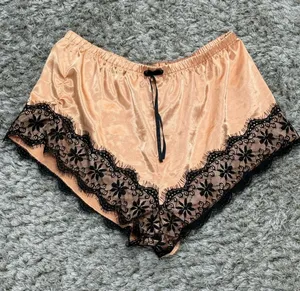 Women’s Satin Tap Shorts Black Lace Trim Lounge Sleep Pajama Pants Beige Size XL thumbnail 1