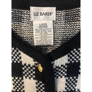 Liz Baker Cardigan L Black White Gingham Check Gold‎ Button Retro Dark Academia thumbnail 2