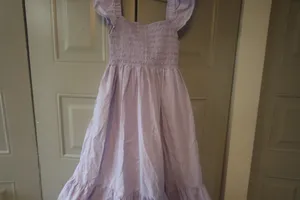 A.P.T ruffle sleeve scrunched bodice midi dress in lilac purple size medium. thumbnail 3