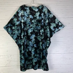 Women's leaf pattern velvet kaftan/dress blue/black & green OS made in US thumbnail 2