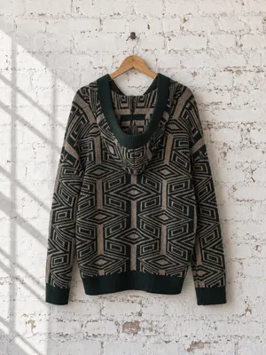 Free People Aztec Print Hoodie Sweater Moss Green Cream Oversized M thumbnail 3