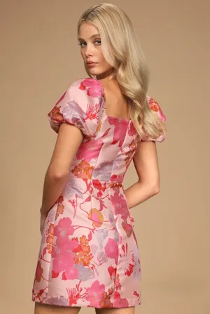 Lulus So Stunning Light Pink Floral Jacquard Puff Sleeve Mini Dres - Size M thumbnail 3