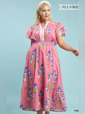 New! Umgee Plus Size Cotton Pink Floral Midi Dress Size 1X thumbnail 3