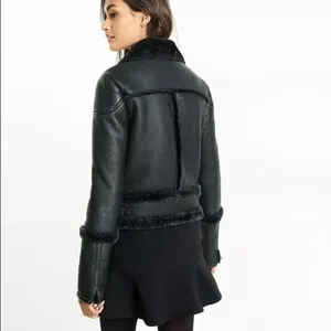 NEW Express black faux fur shearling Moto coat Sz XS Faux Leather Zipper chic thumbnail 2