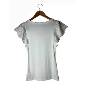 Gap Ribbed Baby Tee Women Small White NWT Eyelet Flutter Sleeve Boho Preppy thumbnail 3