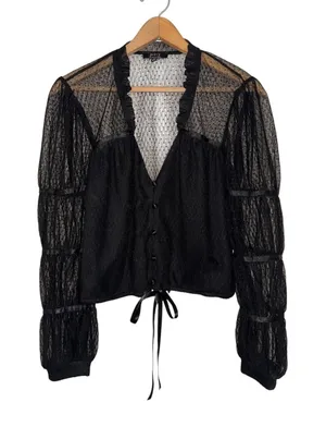 Privy Privately Privileged Black Mesh Dot Sheer‎ Puff Sleeve Top PT40395N Small thumbnail 1