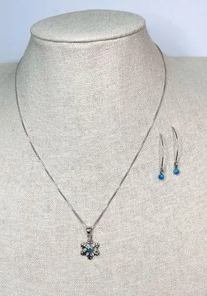 Silver 925 Simulated Fire Opal Snowflake 18" Necklace + Drop Earring Set Jewelry thumbnail 1