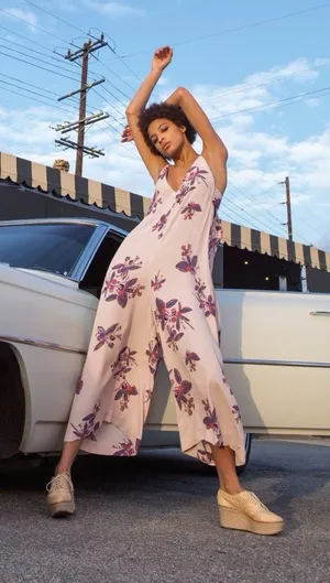 Free People Dream Big Pale Pink Floral Jumpsuit Wide Leg Size Small thumbnail 1