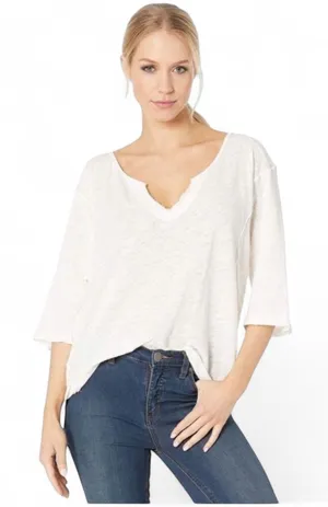 Free People We The Free White Linen‎ Blend V-Neck 3/4 Sleeve Top Large thumbnail 1