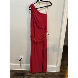 Xscape Red One-Shoulder Twist Jersey Cascading Evening Gown Size 16W $208 thumbnail 4