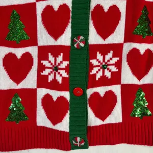 Ugly Christmas Holiday Sweater Button‎ Up Cardigan Red Sequin Trees Sz S (4-6) thumbnail 3