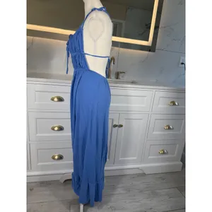 Blue Maxi Dress Womens XS Open Back Smocked Tie Ruffle Hem Boho Vacation Resort thumbnail 9