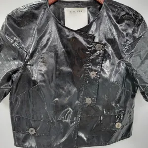 Walter Baker Shirt Womens 8 Black Faux Leather Buttons Asymmetrical Cropped thumbnail 16