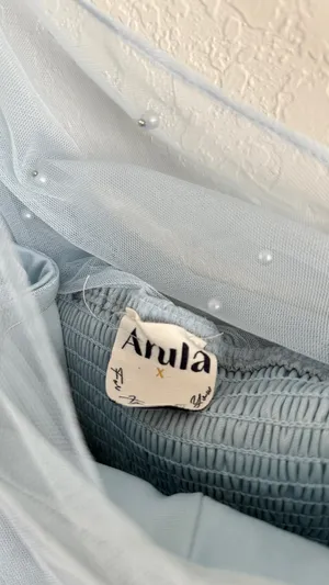 Altar'd State Arula x The Xquisite Ciel blue One Shoulder Pearl Tulle Midi Dress thumbnail 3
