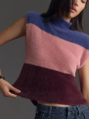 Anthropologie Maeve Colorblock Eyelash Sweater Vest blue pink sz XL L M thumbnail 1