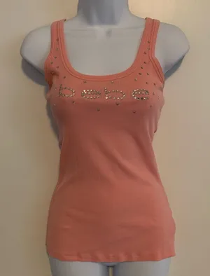 bebe Coral Pink Embellished Ribbed Tank Top thumbnail 1