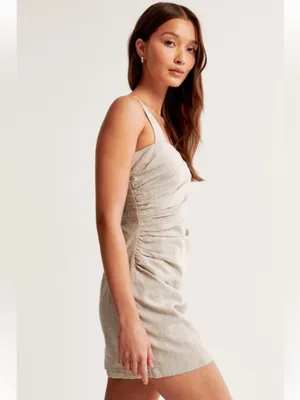 Abercrombie & Fitch Linen-Blend Ruched Square Neck Mini Dress Medium Beige NWT thumbnail 3