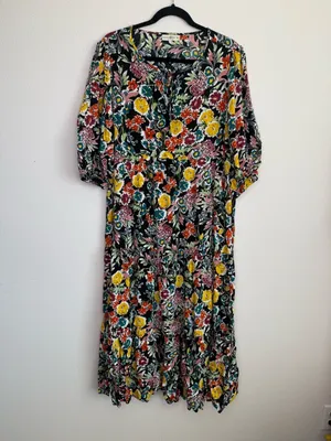 Natural Life Dress Sage V Neck Maxi Tiered Black floral Red Multi Yellow Accents thumbnail 7