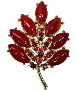 Navette Opaque Red Glass Stemmed Flower Leaf Brooch Pin thumbnail 1