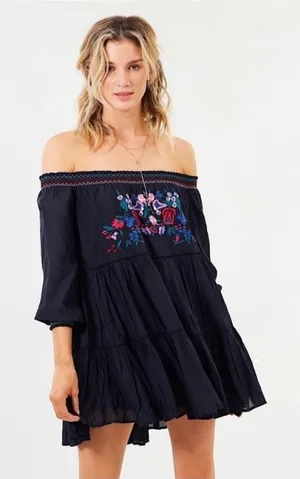 Free People Sunbeam Embroidered Floral Boho Mini Dress‎ Black Medium thumbnail 1