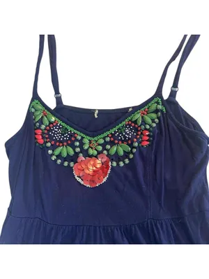 Navy Blue Sleeveless Dress with Colorful Beaded Embellishment thumbnail 2