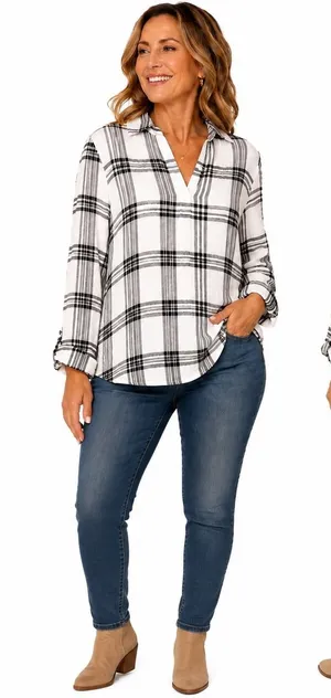 Westbound Petites PXL Plaid Floral Animal Print Mixed Media Roll‎ Tab Shirt thumbnail 1