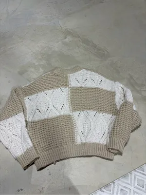Pull & bear Beige and White Patchwork Cable Knit Sweater small thumbnail 7