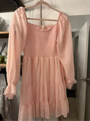Altar'd State Pink Smocked Tiered Dress with Gold Details thumbnail 1