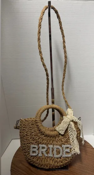 Pinkunn Straw Pearl Rhinestone BRIDE Bag Half Moon Crossbody/Handbag Purse thumbnail 1