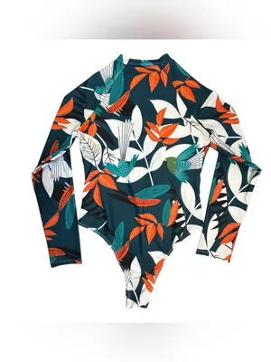 Long-Sleeve Teal Floral One-Piece Swim Suit with Front Zip Size L thumbnail 3