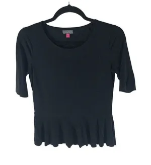 Vince Camuto Womens Top Peplum Elbow Sleeve Scoop Neck Black XS thumbnail 1