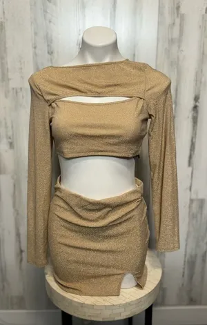 Gold Shimmer Two Piece Set Long Sleeve Crop Top & Mini Skirt Size Large thumbnail 1