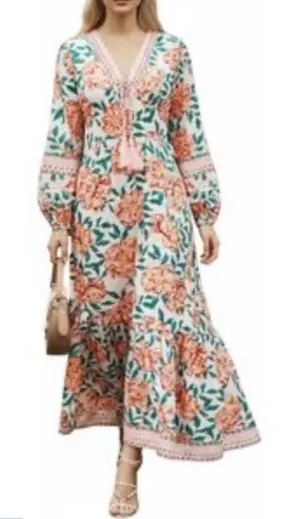 NEW Floral V Neck Flowy Tassel Maxi Long Puff Sleeves Casual Dress M 8/10 thumbnail 1