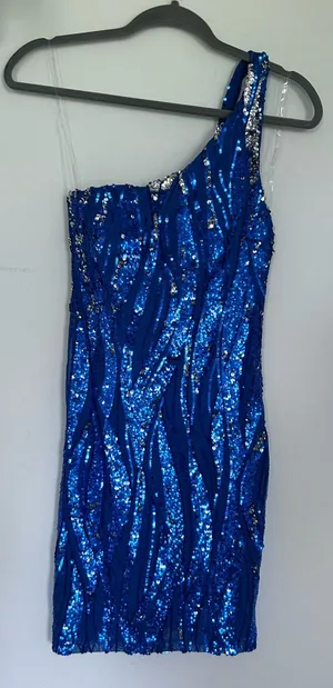 NWT Crystal Doll Blue Sequin One Shoulder Sleeveless‎ Wave Mini Dress Size Small thumbnail 1