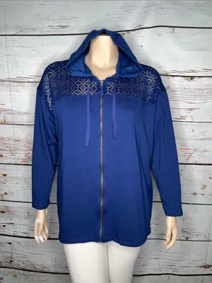 LOGO Lounge Lori Goldstein 2X Blue - Eyelet Lace Zip Front Knit Jacket w/ Hood thumbnail 4