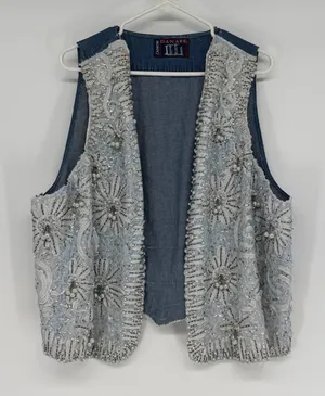 Vintage‎ Danare Denim Beaded Lace Vest Handmade Embellished Boho Size L/XL thumbnail 1