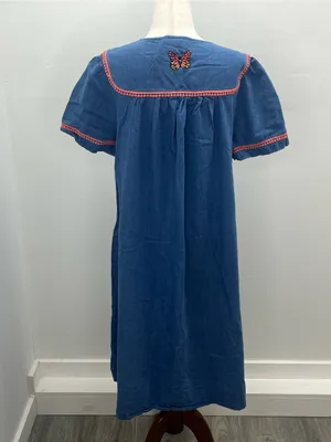 Go Softly Patio Blue Denim Butterfly Embroidered Dress House Duster Medium thumbnail 7