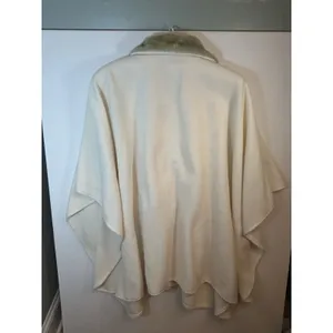 Le Moda Ivory Fleece Faux Fur Trim Zip Cape Poncho Pom Poms Pockets One Size NWT thumbnail 15