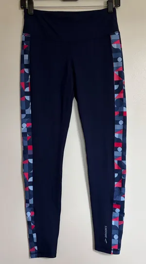 Brooks Women Navy Blue Geometric Side Stripe Running Leggings Activewear Pants thumbnail 1