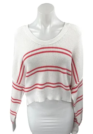 Aerie Beyond White Red Striped Long Sleeve Oversized Cropped Sweater Top Size S thumbnail 1
