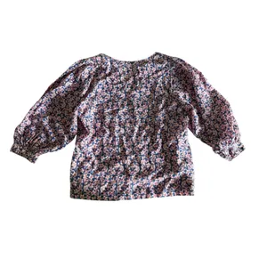 J. McLaughlin Floral Peasant Blouse Medium Blue Pink Balloon Sleeve Notch Neck thumbnail 2