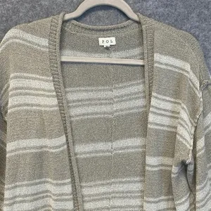 POL Sweater Women's Small Gray White Striped Knit Cardigan Frayed‎ Open Front thumbnail 3