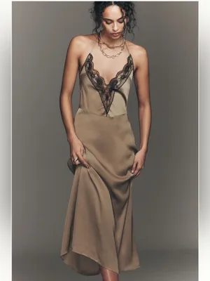 ANTHROPOLOGIE Lace Halter Midi Satin Slip Dress Taupe Size XL NEW thumbnail 3